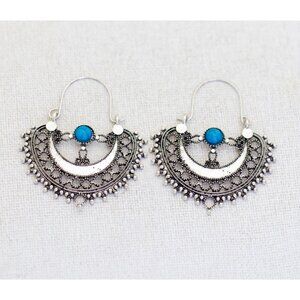 Vintage Silver Tone Fan Shaped Stylish Blue Faux Pearl Dangle Earrings- A27
